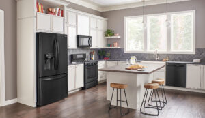 black appliances in white kitchen