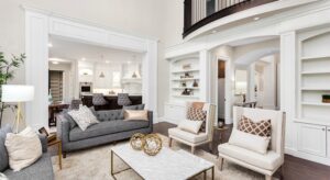 white living room with white and gray furniture