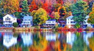 homes with tree colors behind them in fall