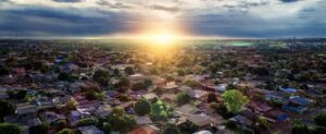 aerial view of city at sunrise