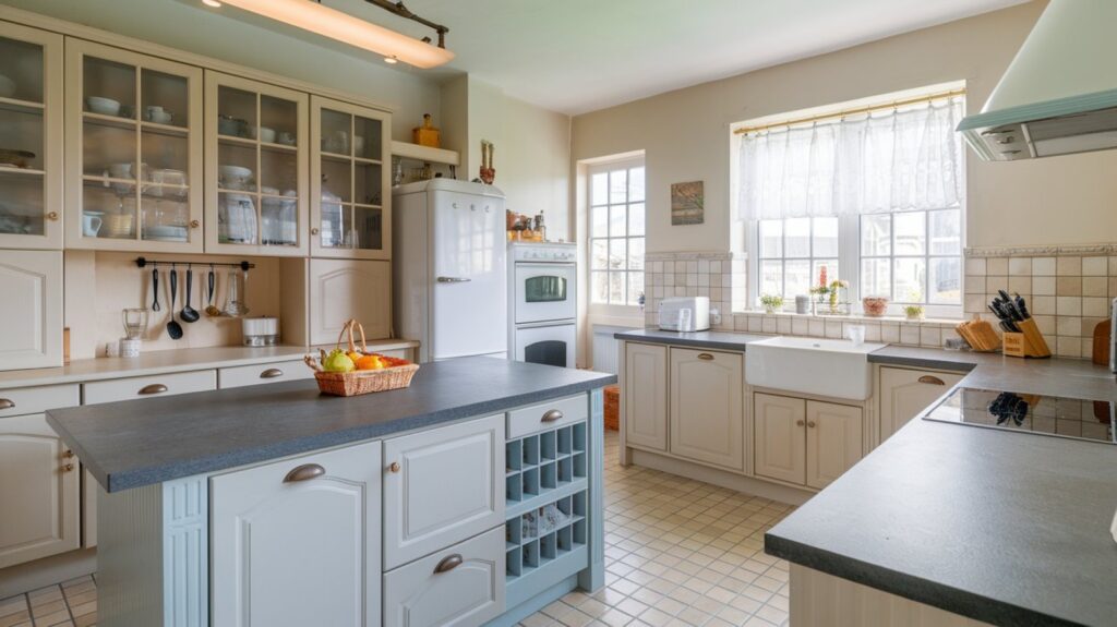 A photo of a bright, nice kitchen in an average suburban home. The kitchen has a light gray island with a dark gray countertop. There's a white refrigerator and a built-in oven